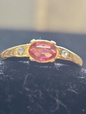Vintage Avon Ring Gold Tone With Bezel Set Pink Crystal And White Accent Crystal
